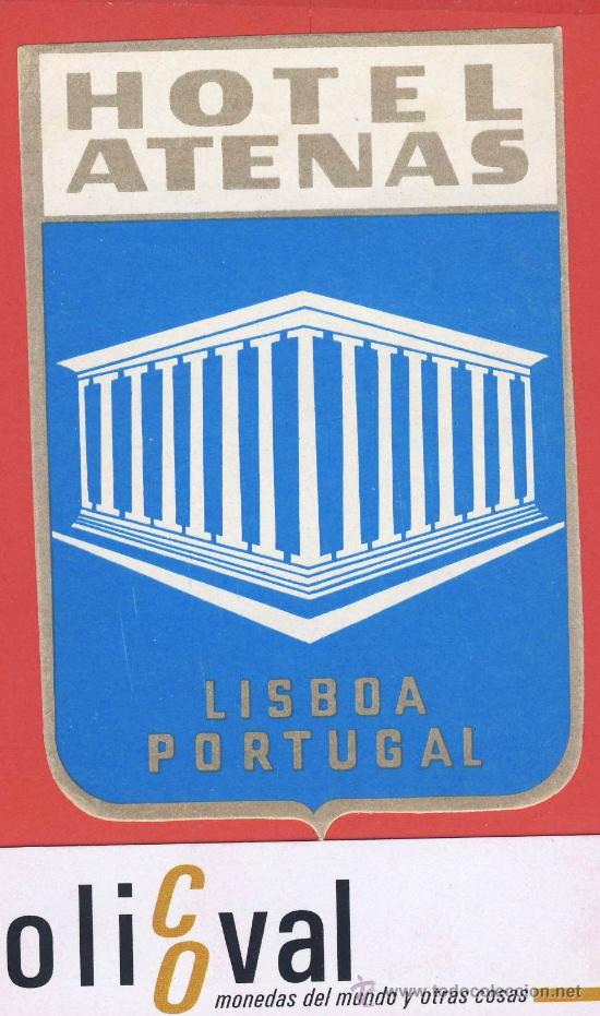 Etiquetas antiguas: ETIQUETA HOTEL- PORTUGAL - HOTEL ATENAS -LISBOA- ILUSTRACION -HUECO 72X 100 mm