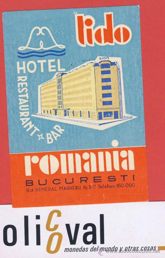 Etiquetas antiguas: ETIQUETA HOTEL- RUMANIA - HOTEL  LIDO- BUCAREST- ILUSTRACION -HUECO -90X65 mm