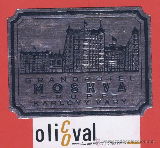 Etiquetas antiguas: ETIQUETA HOTEL- RUSIA - HOTEL MOSKVA-   ILUSTRACION  NEGRO SOBRE PLATA -TROQUEL-HUECO  110X80  mm