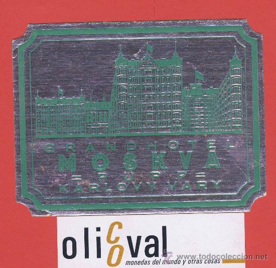 Etiquetas antiguas: ETIQUETA HOTEL- RUSIA - HOTEL MOSKVA-   ILUSTRACION  VERDE SOBRE PLATA -TROQUEL-HUECO  110X80  mm