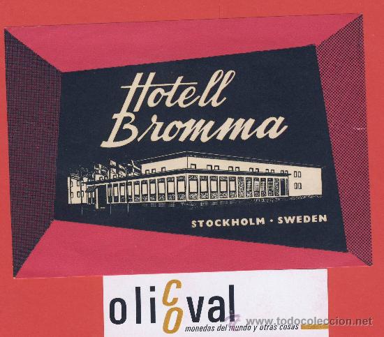 Etiquetas antiguas: ETIQUETA HOTEL-SUECIA  -HOTEL BROMMA-STOKOLMO -  ILUSTRACIO  HUECO-  13X 92  mm