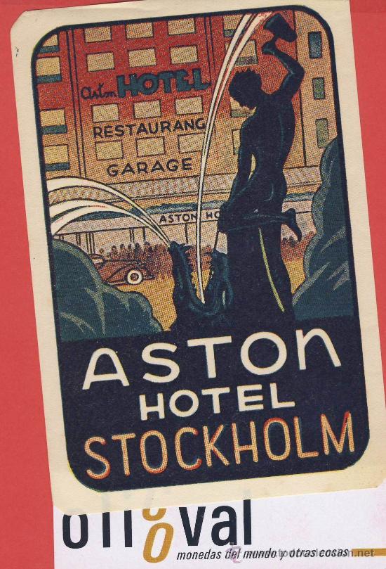Etiquetas antiguas: ETIQUETA HOTEL-SUECIA  -HOTEL ASTON-STOKOLMO - BUENA  ILUSTRACIO A&Ntilde;OS 40 HUECO-  180 X 120 mm