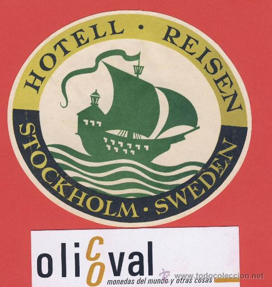 Etiquetas antiguas: ETIQUETA HOTEL-SUECIA  -HOTEL  REISEN- STOKOLMO -  ILUSTRACIO HUECO-   OVAL 96 mm