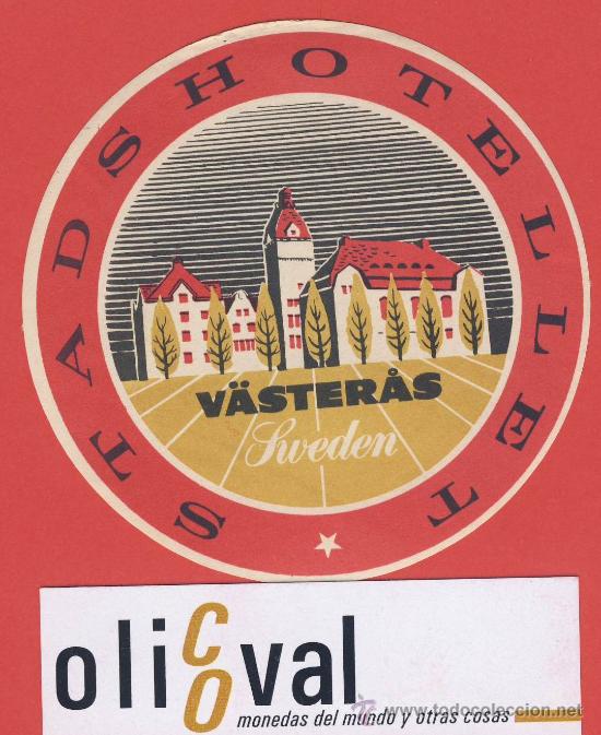 Etiquetas antiguas: ETIQUETA HOTEL-SUECIA  -HOTEL  STADS- V&Aacute;STER&Auml;S -  ILUSTRACIO HUECO-   85 mm