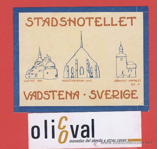 Etiquetas antiguas: ETIQUETA HOTEL-SUECIA -HOTEL STADSHOTELLET- V&Aacute;STERNA -ILUSTRACIO HUECO DATADA A&Ntilde;O 1946 -100 X98 mm