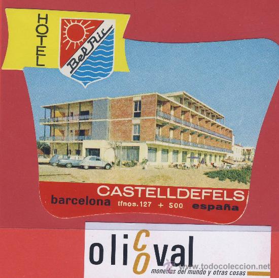 Etiquetas antiguas: etiqueta hotel -espa&ntilde;a - hotel bel-ric -castelldefels -datada -coche citroen-130x92 mm-