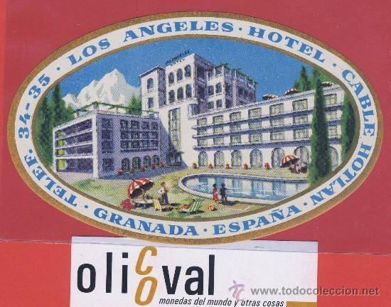 Etiquetas antiguas: etiqueta hotel -espa&ntilde;a-hotel los angeles-granada-ilustracion oval troquel datada de 120 mm-