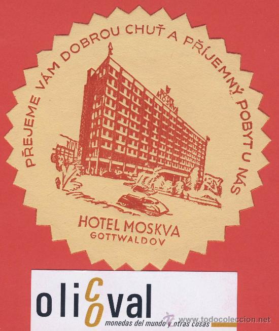 Etiquetas antiguas: etiqueta hotel-chescolovaquia-republica checa-hotel moskva--roja-gottwaldov 100 mm-ilustracion