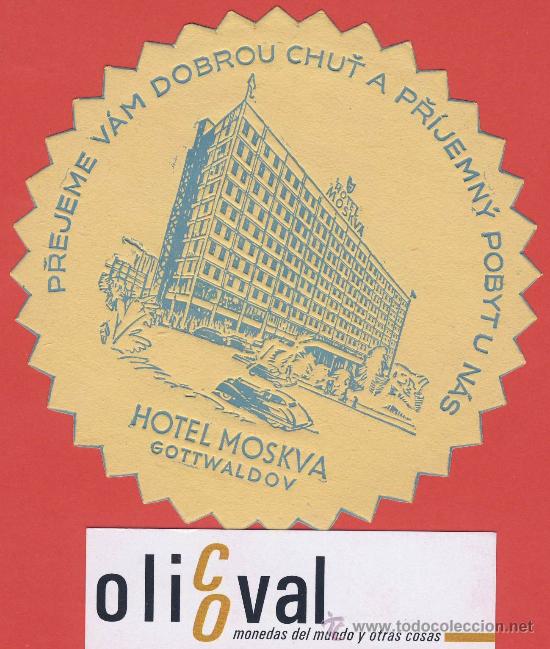 Etiquetas antiguas: etiqueta hotel-chescolovaquia-republica checa-hotel moskva--celeste-gottwaldov 100 mm-ilustracion