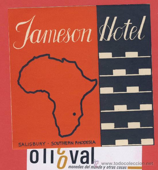 Etiquetas antiguas: ETIQUETA  HOTEL -rhodesia-jameson- hotel-salisbury.-  ilustracion   100 x 100 mm