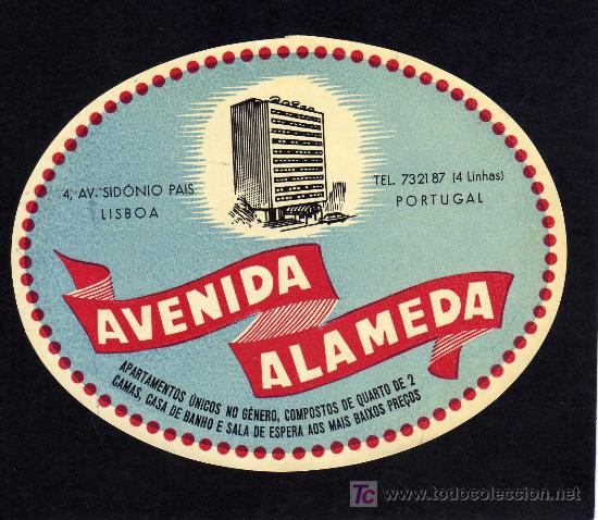 Etiquetas antiguas: ETIQUETA HOTEL - HOTEL AVENIDA ALAMEDA - LISBOA - PORTUGAL.