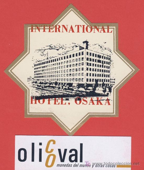 Etiquetas antiguas: Etiqueta hotel-japon- international  hotel -osaka -ilustracion- troquel -95 x 95 mm