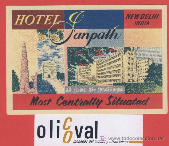 Etiquetas antiguas: Etiqueta hotel- india -    hotel sanpath  -nueva delhi -  - muy buena ilustracion a&ntilde;os 40-122x85 mm