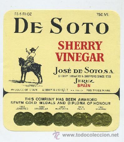 Etiquetas antiguas: ETIQUETA VINO SHERRY VINEGAR DE SOTO. JOSE DE SOTO S.A. JEREZ (ET-0424)