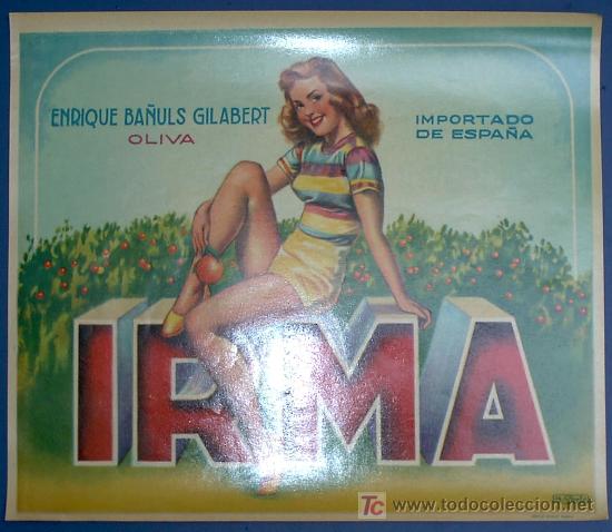Etiquetas antiguas: ETIQUETA NARANJAS. IRMA. ENRIQUE BA&Ntilde;ULS GILABERT. OLIVA. VALENCIA, SIN FECHA.