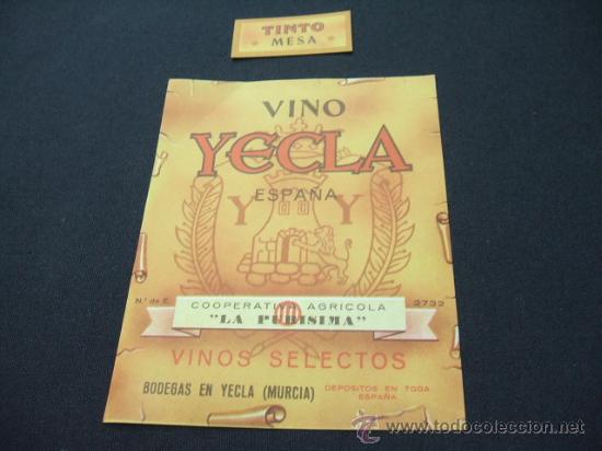 Etichette antiche: ETIQUETA - VINO YECLA - TINTO MESA - COOPERATIVA AGRICOLA LA PURISIMA - YECLA - MURCIA -