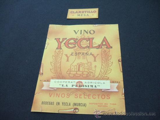Etichette antiche: ETIQUETA - VINO YECLA - CLARETILLO MESA - COOPERATIVA AGRICOLA LA PURISIMA - YECLA - MURCIA -