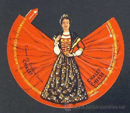 &Eacute;tiquettes anciennes: Etiqueta publicitaria troquelada de quesos suizos FROMAGE CHALET. Tama&ntilde;o aprox.: 10 cms de diametro