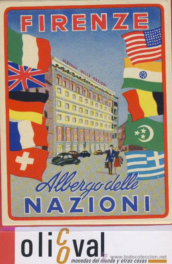 Etiquetas antiguas: ETIQUETA HOTEL - ITALIA-albergo delle nazioni- buena ilustracion -hueco- firenze -90X110mm.-