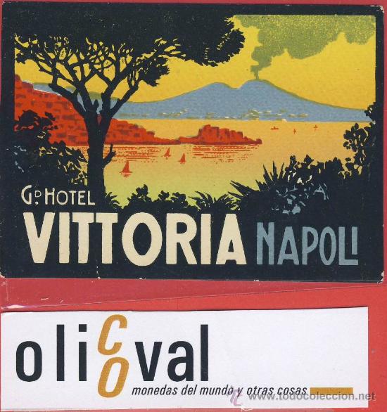 Etiquetas antiguas: ETIQUETA HOTEL - ITALIA-hotel gd,hotel vittoria - buena ilustracion -hueco-napoli-85x 60mm.-