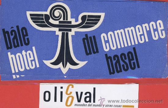 Etiquetas antiguas: ETIQUETA HOTEL - Suiza-hotel b&aacute;le- azul- - ilustracion - -basel - 135 X 63 mm-
