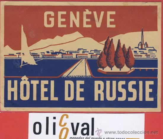 Etiquetas antiguas: ETIQUETA HOTEL - Suiza-hotel de russie- - - ilustracion  hueco -  ginevra - 115 X 58 mm-