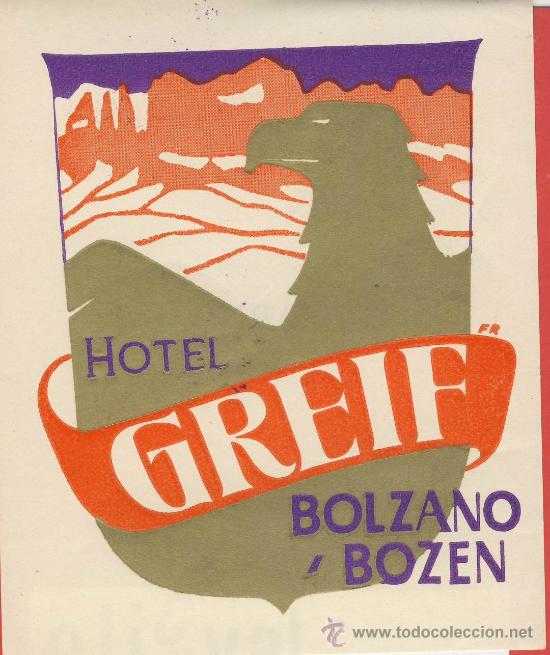 Etiquetas antiguas: ETIQUETA HOTEL - ITALIA-Hotel greif - ilustracion  hueco bolzano/bozen- 110 X 92 mm-