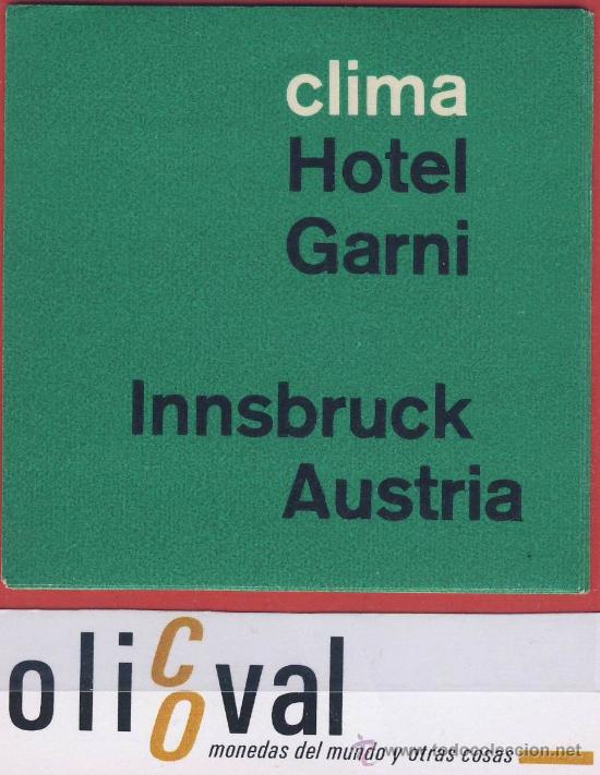 Etiquetas antiguas: ETIQUETA HOTEL - austria- clima hotel garni-Innsbruck austria  hueco--75 x 75 mm-