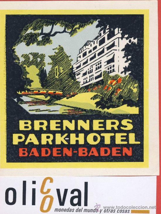 Etiquetas antiguas: ETIQUETA HOTEL -Austria-brenners park-hotel - buena ilustracion baden-baden-hueco-85 X90 mm.-