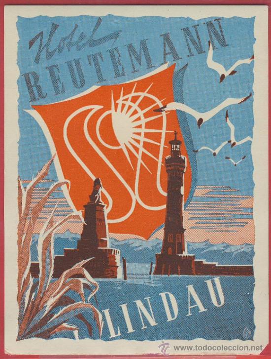 Etiquetas antiguas: ETIQUETA HOTEL -Austria- hotel reutemann-  buena ilustracion -  lindau- 95 x 5122 mm- azul