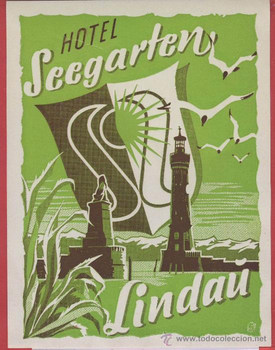 Etiquetas antiguas: ETIQUETA HOTEL -Austria- hotel seegarten-  buena ilustracion -  lindau- 95 x 5122 mm- verde