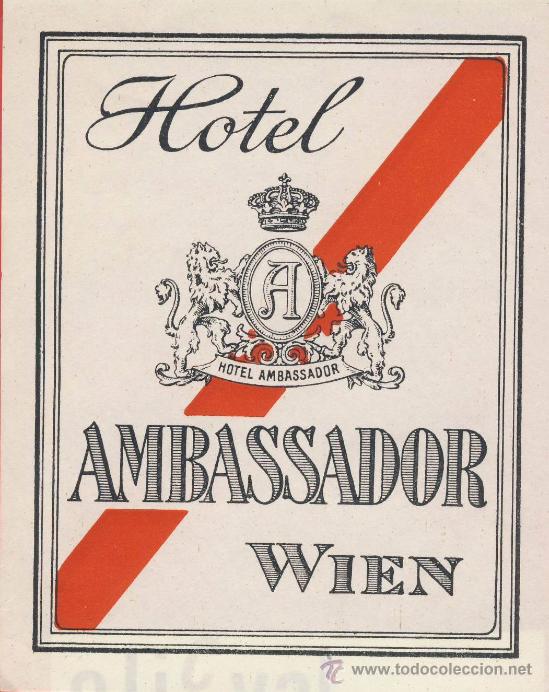 Etiquetas antiguas: ETIQUETA HOTEL -Austria-hotel  ambassador - buena  ilustracion- wien  -hueco- 95 x 110  mm-