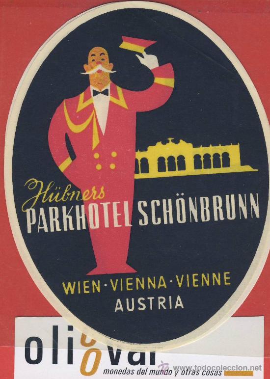 Etiquetas antiguas: ETIQUETA HOTEL -Austria-hotel  sch&ouml;nbrunn - buena  ilustracion- wien  -hueco- oval 115  mm-