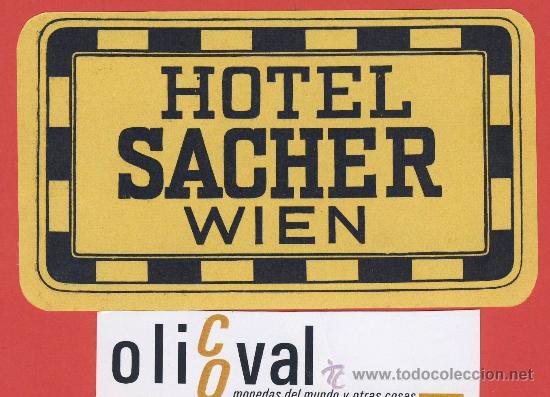 Etiquetas antiguas: ETIQUETA HOTEL -Austria- hotel sacher - buena ilustracion- wien -hueco- 110 x 62 mm-
