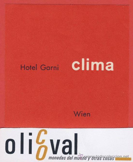 Etiquetas antiguas: ETIQUETA HOTEL -Austria- hotel  clima -roja-  -  ilustracion- wien   -hueco-  72x 72 mm-
