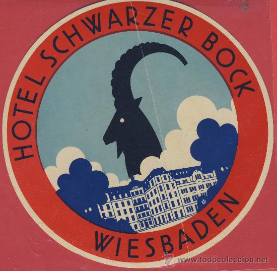 Etiquetas antiguas: ETIQUETA HOTEL -Austria hotel schwarzer bock -ilustracion  -wiesbaden -hueco -130   mm-