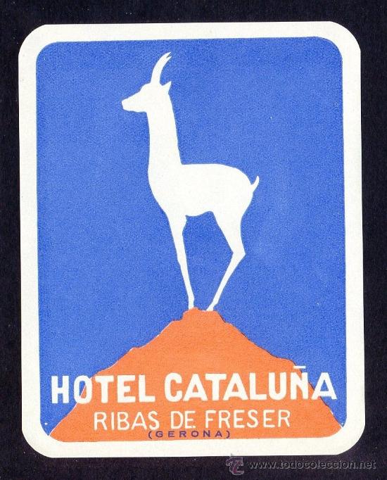 Etichette antiche: Ribes de Freser. Girona *Hotel Catalu&ntilde;a* Meds: 93 x 118 mms. Cola original al dorso.