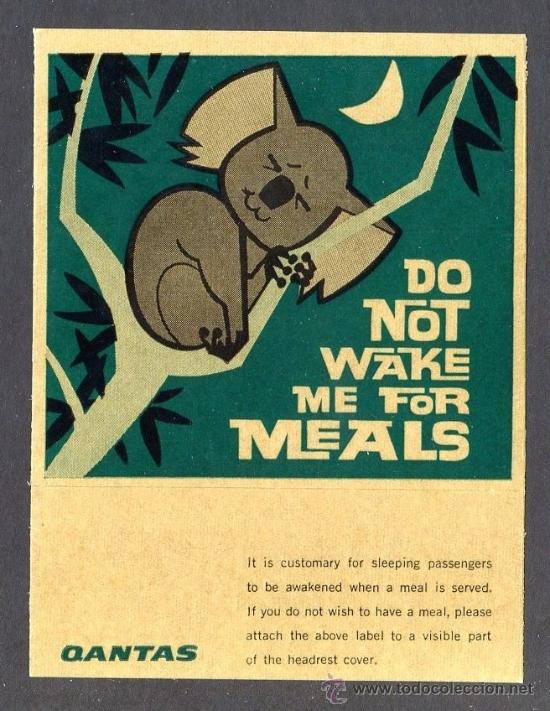 Etichette antiche: *QANTAS - Do not wake me for meals* Meds: 74x97 mms. Auto-adhesiva.