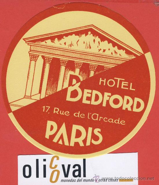 Etiquetas antiguas: ETIQUETA HOTEL - Francia -hotels bedford- crema -paris -ilustracion .hueco -l105 mm.-