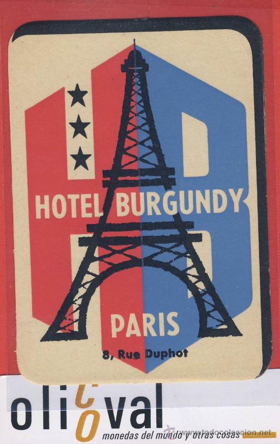 Etiquetas antiguas: ETIQUETA HOTEL - Francia -splendide burgundy -paris- hueco   -ilustracion .hueco -100x 70  mm.-