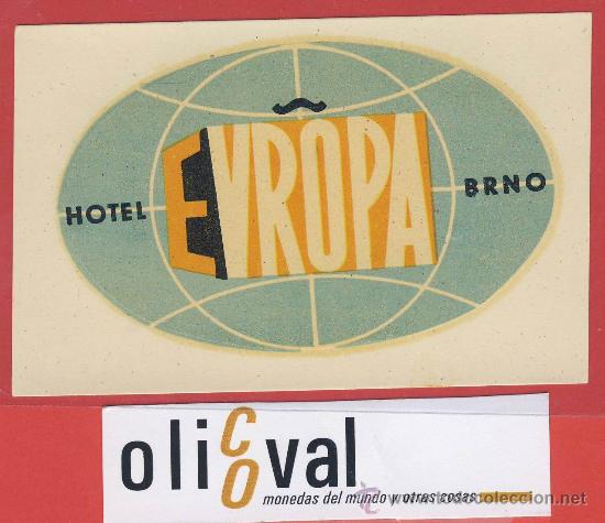 Etiquetas antiguas: ETIQUETA HOTEL-chescolovaquia - hotel europa -. hueco -brno -ilustracion - 90 x 75 mm-