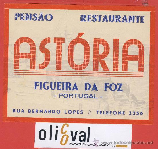Etiquetas antiguas: ETIQUETA  HOTEL-Portugal -pens&aacute;o ast&oacute;ria-figuera da foz-ilustracion-Hueco-125 x 100 mm.a&ntilde;os 40