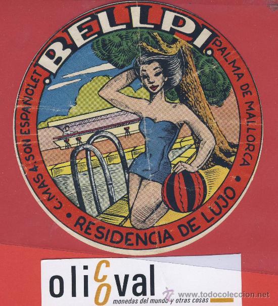 Etiquetas antiguas: Etiqueta Hotel - Espa&ntilde;a-baleares.residencia bellpi  -ILUSTRACION -ajada-100x mm