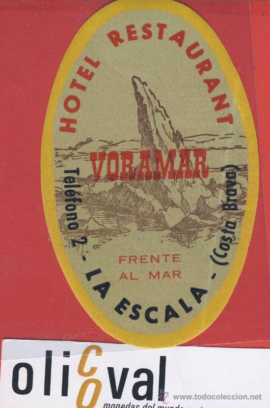 Etiquetas antiguas: Etiqueta Hotel - Espa&ntilde;a-gerona -hotel boramar  -la escala -ilustracion-datada oval   -97 mm