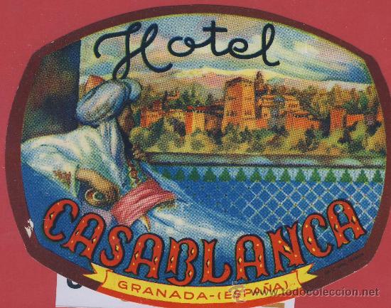 Etiquetas antiguas: Etiqueta Hotel - Espa&ntilde;a-granada-hotel casablanca-ilustracion ante momtes-sierra nevada -oval -135mm