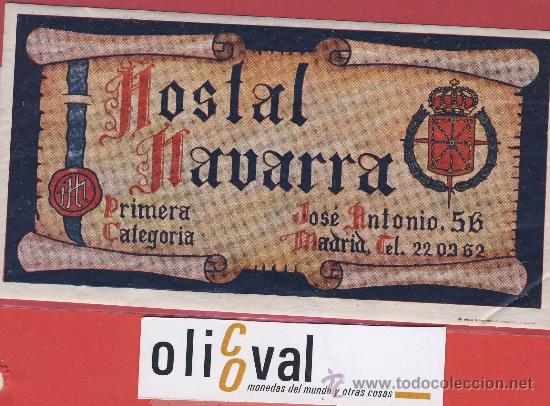Etiquetas antiguas: Etiqueta Hotel Espa&ntilde;a- Hostal Navarra- madrid ilustracion-datada pie de imprenta-145 x 80 mm-