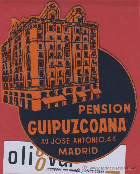 Etiquetas antiguas: etiqueta hotel-Espa&ntilde;a-pension guipuzcuana -madrid -ilustracion troquelada -hueco--105 x 90 mm