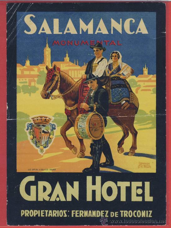Etiquetas antiguas: Etiqueta Hotel -Espa&ntilde;a -Gran  HOTEL -  Salamanca Mod-1 Firmada .Pie -ILUSTRACION  - oval -115-  mm