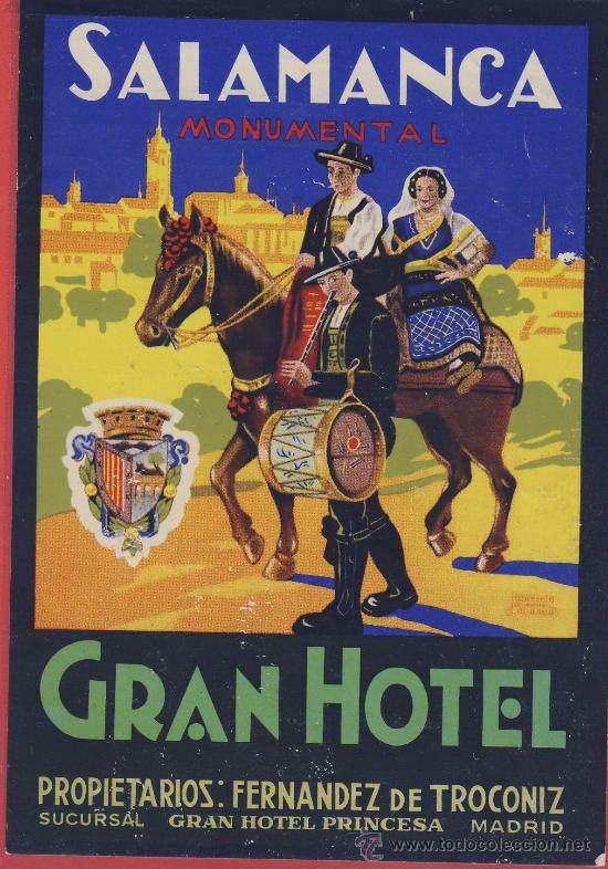 Etiquetas antiguas: Etiqueta Hotel -Espa&ntilde;a -Gran HOTEL - Salamanca Mod-3 Firmada ver Pie -ILUSTRACION- oval -115- mm