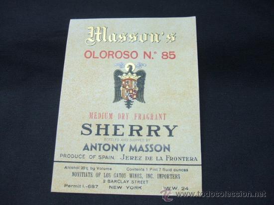 Alte Etiketten: ETIQUETA - MASSON'S - OLOROSO N&ordm; 85 - MEDIUM DRY FRAGANT - ANTONY MASSON - JEREZ DE LA FRONTERA -